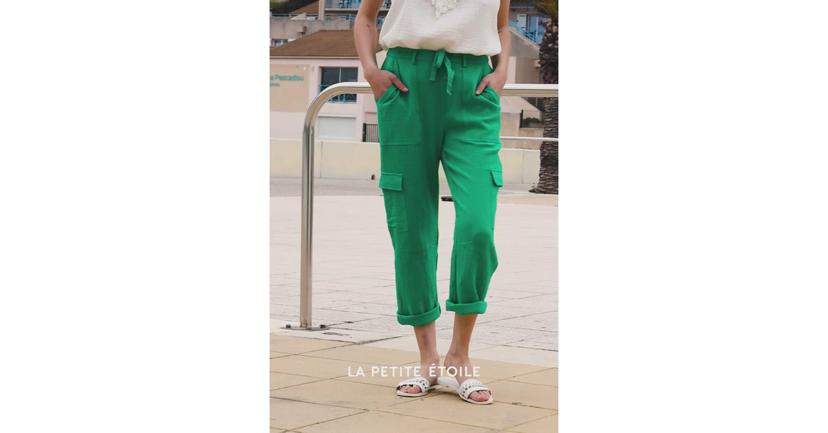 PANTALON POCHES GAZE DE COTON PALES VERT - La Petite Etoile - Femme